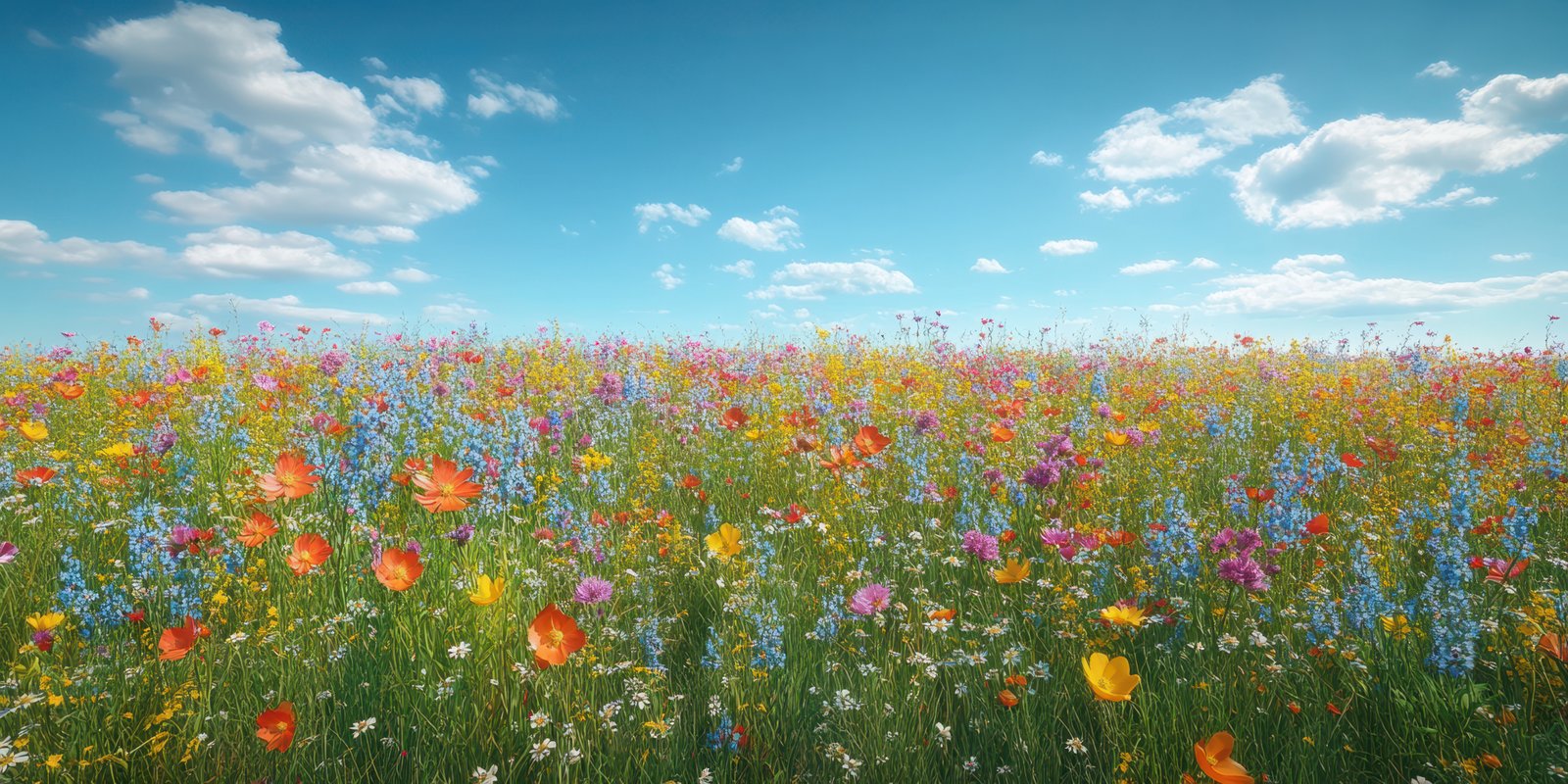 Colorful wildflower field under a clear blue sky on a sunny day in spring